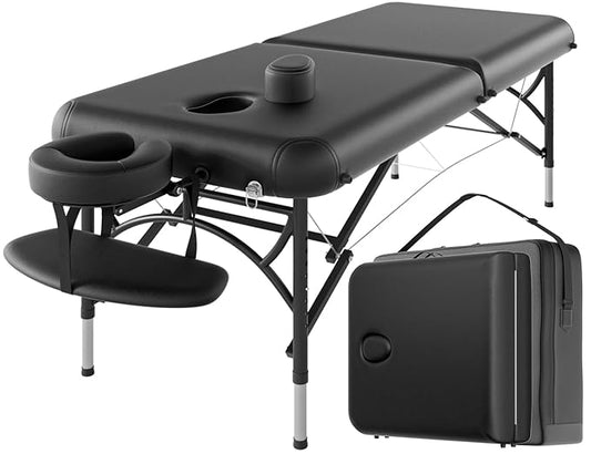 CLORIS 84" Professional Massage Table Portable 2 Folding Lightweight Facial Salon Spa Tattoo Bed Height Adjustable with Carrying Bag & Aluminium Leg Hold Up to 1100LBS Black Widen