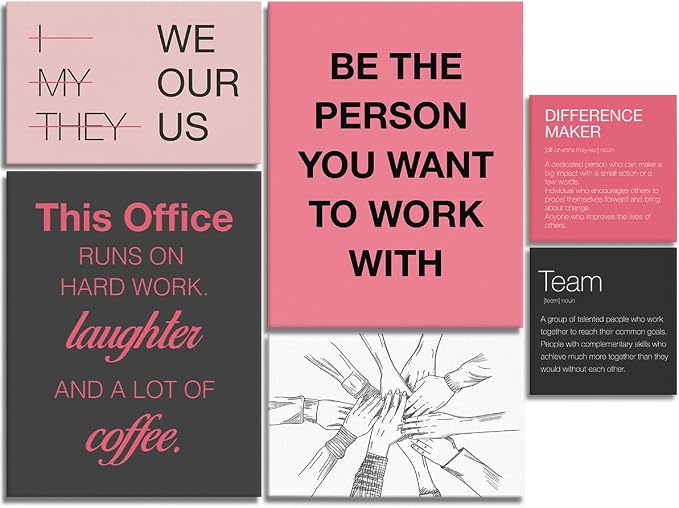 YEOION Motivational Office Wall Art,Inspirational Teamwork Wall Art for Office,Pink and Black Positive Teamwork Wall Decor for Women Set of 6
