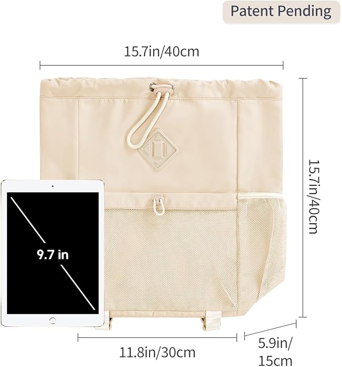 WANDF Drawstring Backpack for Women, Lightweight Gym Bag with Yoga Mat Strap, Water-Resistant String Backpack with Mesh Pocket (Beige, Patent Pending)