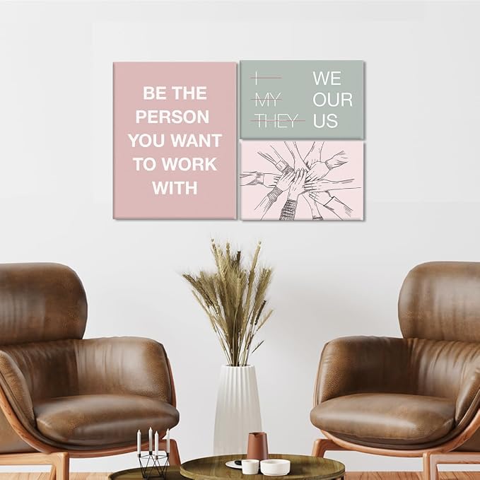 YEOION Motivational Office Wall Art,Inspirational Teamwork Wall Art for Office,Light Pink And Green Positive Teamwork Wall Decor for Workplace Set of 6