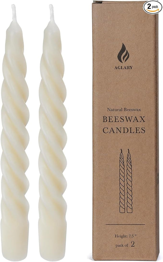 2PCS 7-Inch Pure Beeswax Spiral Taper Candles, Twisted Stick Candles, Dripless & Unscented for Weddings, Christmas, Dinner, Meditation - White