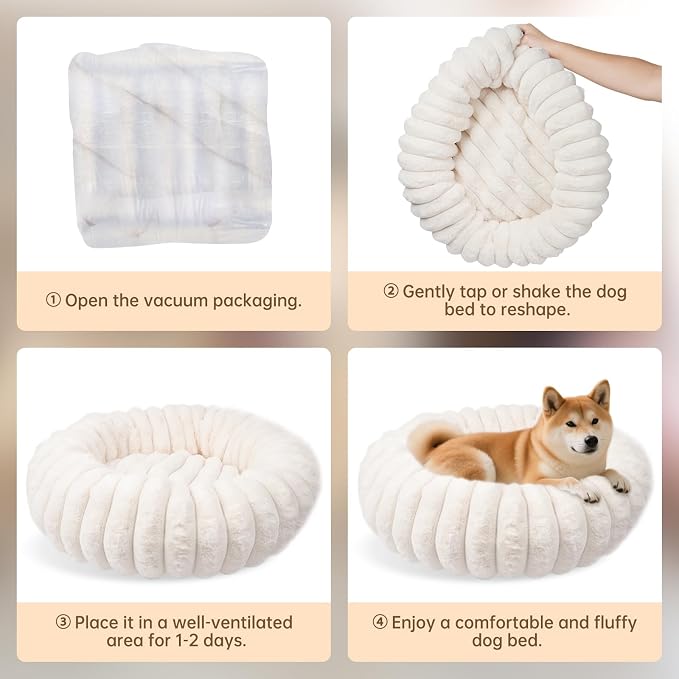 Donut Dog and Cat Bed, Luxurious Comfortable Faux Rabbit Fur Pet Beds, Round Anti-Anxiety Calming Puppy Kitten Bed with Anti-Slip Bottom for Small Medium Dogs & Cats(20", White)