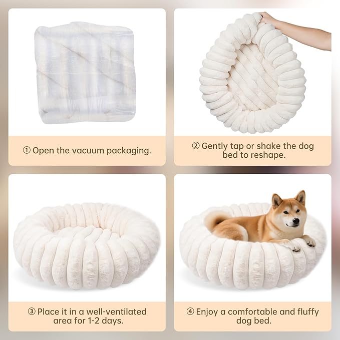 Donut Small Medium Dog Bed Washable Kitty & Puppy Bed,28ins White | Comfortable Calming Dog Bed Round Cuddler, Fluffy Faux Rabbit Fur, Anti-Slip Bottom, Anti-Anxiety, for Pets Up to 30 Lbs
