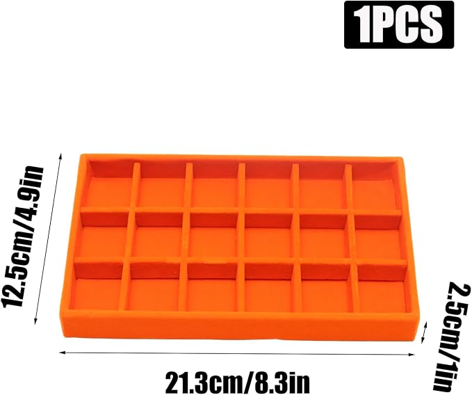 Velvet Jewelry Trays for Drawers, Orange 18 Grids | Stackable Jewelry Drawer Organizer Inserts, Ring Earring Holder Organizer Storage Display Tray with Removable Dividers