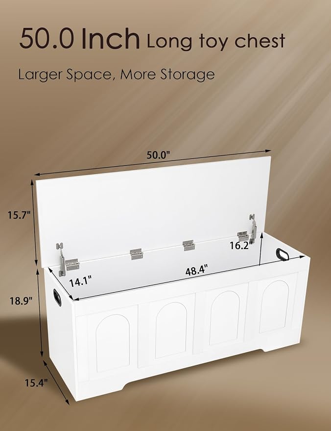 Storage Chest, Wooden Toy Box, White 50.0" L | Extra Large Storage Bench, 2 Soft-close Hinges, Finger-safe Flip-Top Lid, Easy Assembly, Farmhouse Trunk, Living Room/Bedroom