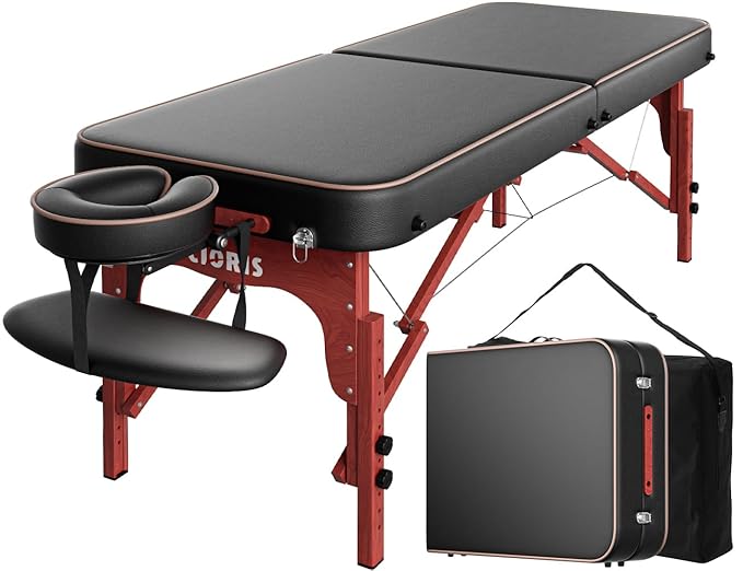 CLORIS 84" Professional Massage Table Portable Reinforced Wooden Leg Hold Up to 1100LBS 2 Folding Lightweight Spa Salon Tattoo Massage Bed Height Adjustable with Carrying Bag - Black