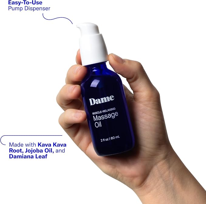 Dame Products Muscle-Relaxing Massage Oil for Women & Men, Sandalwood & Cardamom Aromatherapy Body Oil with Jojoba for Massage Therapy, Plant-Based, Non-Greasy, Relaxing Full-Body Massage Oil, 2 fl oz