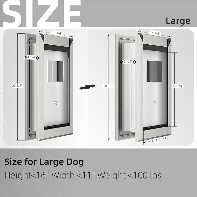 MAVRICFLEX Heavy Duty Dog Door for Large Dogs Up to 100LBS, Aluminum Frame Doggie Door with Double Sliding Panel and 2 Soft Flaps, Easy to Install, Large, Matte Silver