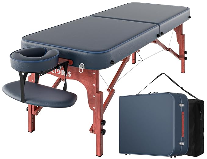CLORIS 84" Professional Massage Table Portable Reinforced Wooden Leg Hold Up to 1100LBS 2 Folding Lightweight Spa Salon Tattoo Massage Bed Height Adjustable with Carrying Bag - Blue