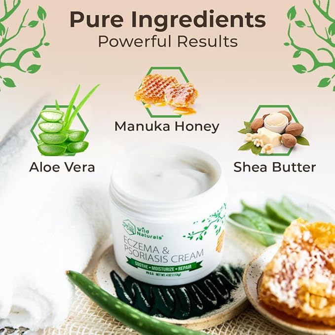 Wild Naturals Eczema & Psoriasis Cream for Dry, Itchy Skin + Manuka Honey Eczema and Psoriasis Body Wash – Organic, Natural Body Wash with Aloe Vera, Cehami, and Manuka Honey