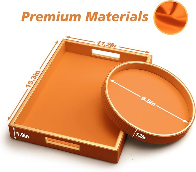 Leather Tray Desktop Storage Organizer, Decorative Tray Set, Orange | Premium Serving Trays Valet Tray for Sundries Cosmetics Phone Wallet Cutlery, Set of 2, Orange Holder with Disc