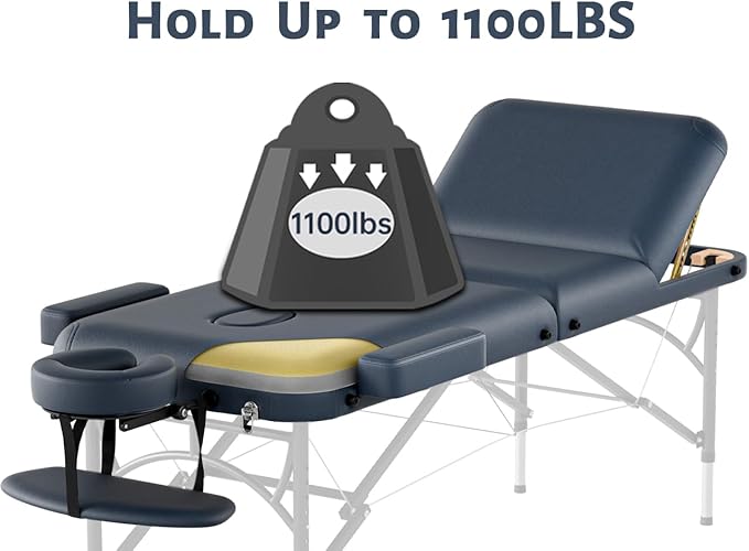 Professional Massage Table Portable 3 Fold Premium Memory Foam Aluminium Leg Hold Up to 1100LBS 8 Heights Adjustable with Carrying Bag Blue
