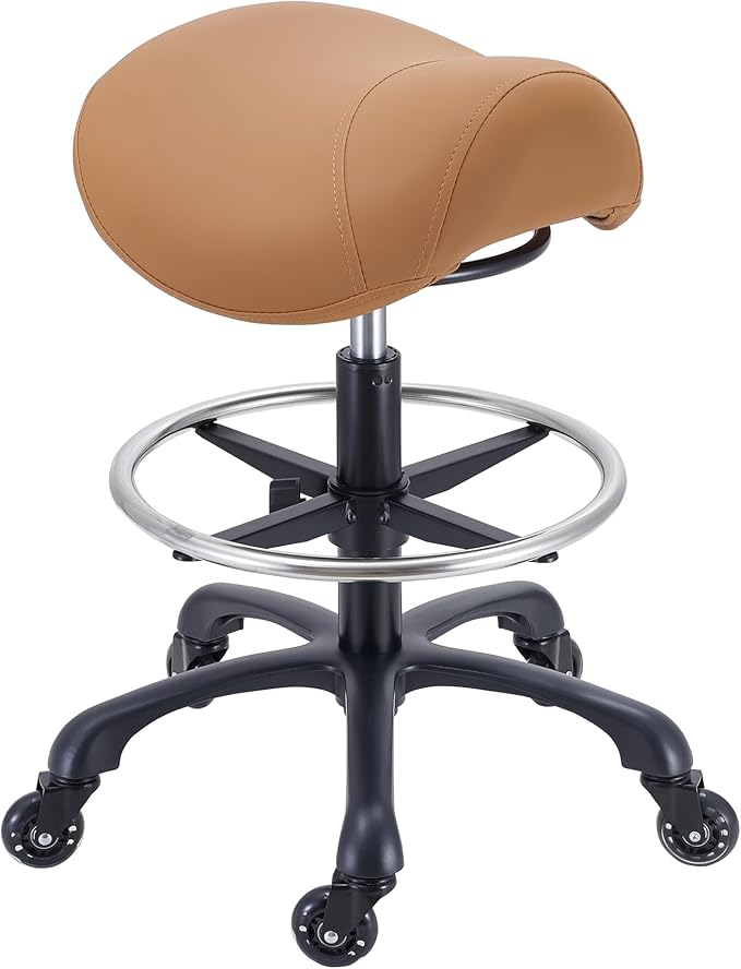 Saddle Salon Stool with Footrest,Heavy Duty, Adjustable Height, Rolling Esthetician Chair for Tattoo Spa Medical Dentist Clinic(Brown)