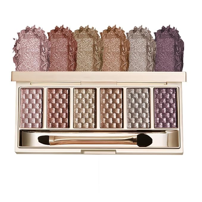 6 Color Shimmer Eyeshadow Palette with Mirror & Brush, Neutral Metallic Glitter Eye Shadow, High Pigmented Long Lasting Pressed Powder for Daily Makeup & Travel，Paleta de Sombras