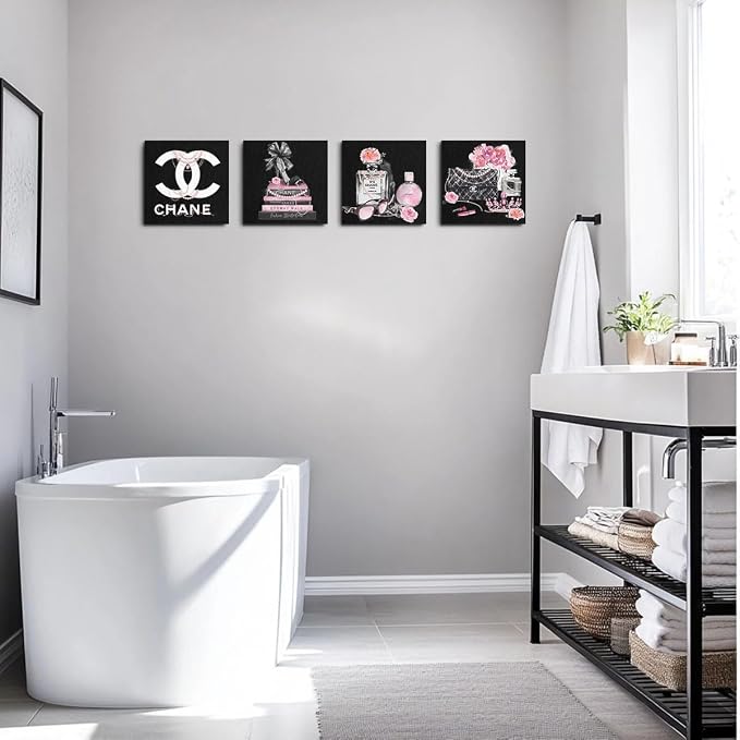 Framed 4 Pcs Pink Fashion Canvas Wall Art Black and White Wall Decor | Aesthetic Posters Art Prints Artwork Pink Pictures for Women Teen Girls Room Bedroom Apartment Vogue Office Decor 8x8 inches
