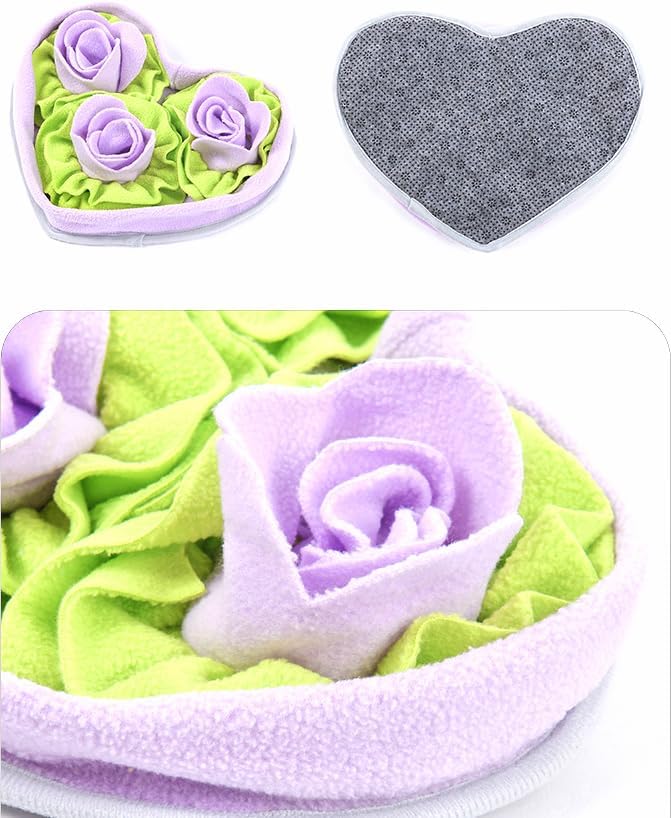 Pet Soft Fleece Snuffle Mat Heart Foraging Mats Dog Rabbit Guinea Pig Interactive Feeding Toy Anti Slip Slow Feeder Treat Dispenser (Purple/Green)