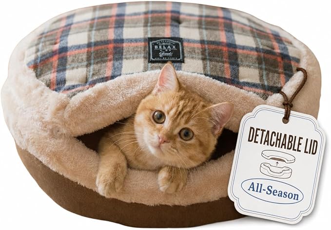 Cat Bed Cave - Enclosed Hideaway with Detachable Lid for Kitten (Brown) | Covered round house, Removable top, Separate liner, Cozy privacy nook, Apartment-friendly shelter, Easy cleaning setup