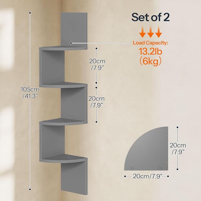 HOOBRO Corner Shelf Wall-Mounted, Set of 2 Floating Corner Shelves for Wall, 4-Tier Bookshelves for Wall Decor in Living Room, Bedroom, Home Office, Dove Gray GY25BJP201