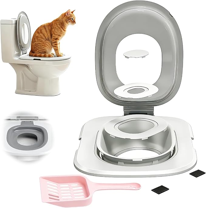 Cat Toilet Trainer Kit with Litter Scoop,5 Movable Parts | Grey detachable lid for all feline sizes,step-by-step guidance,squatting pan compatible,Fits Most Toilets
