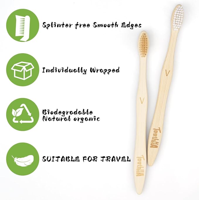 Tooth HaHa Bamboo Toothbrushes for Adults, BPA-Free Soft Tapered Bristles, Eco-Friendly Natural Organic Wooden Toothbrush, 10-Count Toothbrushes Travel Set