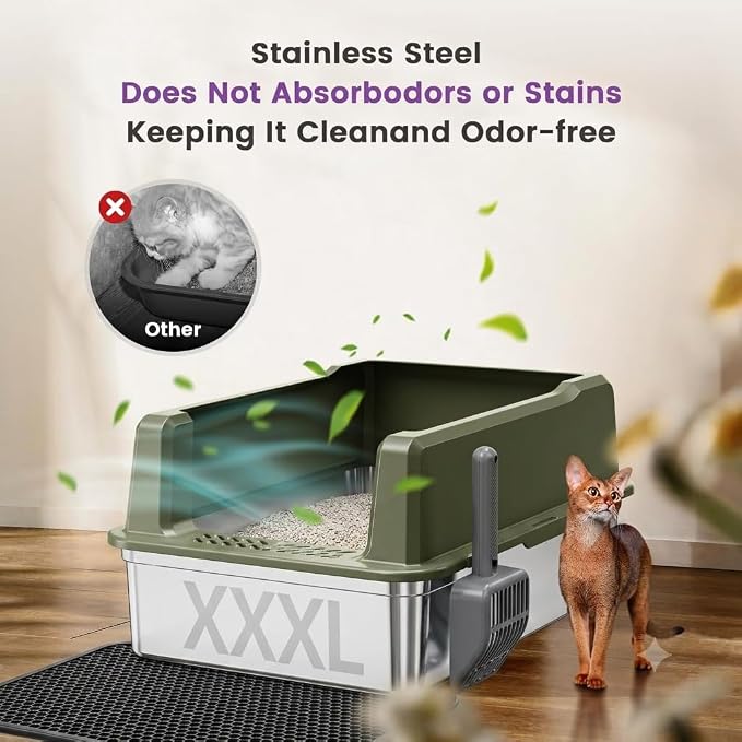 XXXL Stainless Steel Cat Litter Box with Lid, 26" L x 18" W x 12" H Metal Litter Box with High Sides for Big Cats & Multiple Cats, Never Absorbs Odors, Anti-Urine Leakage, Easy Cleanin(Green)