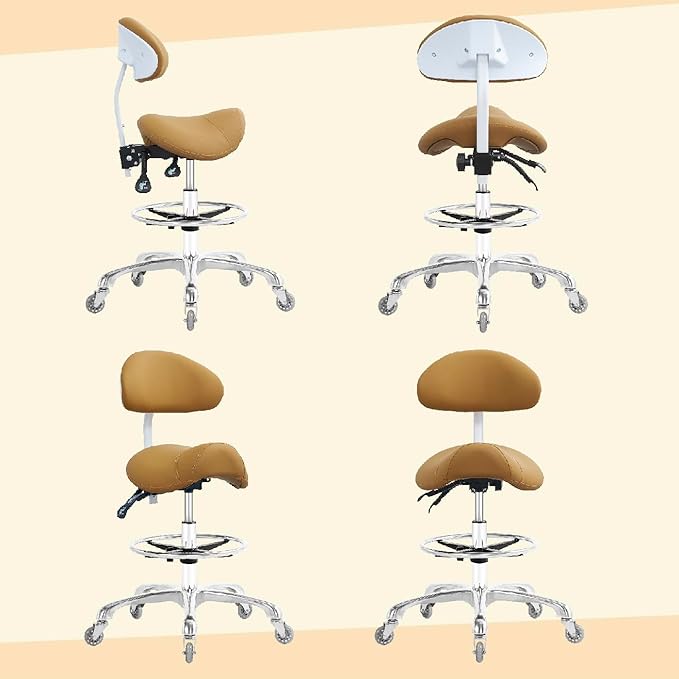 Saddle Stool Chair with Back Support Footrest, Heavy-Duty(350LBS), Hydraulic Rolling Swivel Adjustable Stool Chair for Salon Spa Beauty Massage Dental Clinic Home Office Use(Camel)
