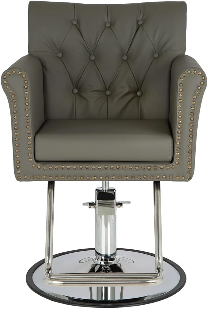 Buy-Rite Chelsea Styling Chair for Salons – Gray Tufted Back, Brass Nailhead Trim, Steel Hydraulic Pump, 3.5” Removable Seat Cushion, Padded Arms, Vinyl Upholstery – NIN-9902