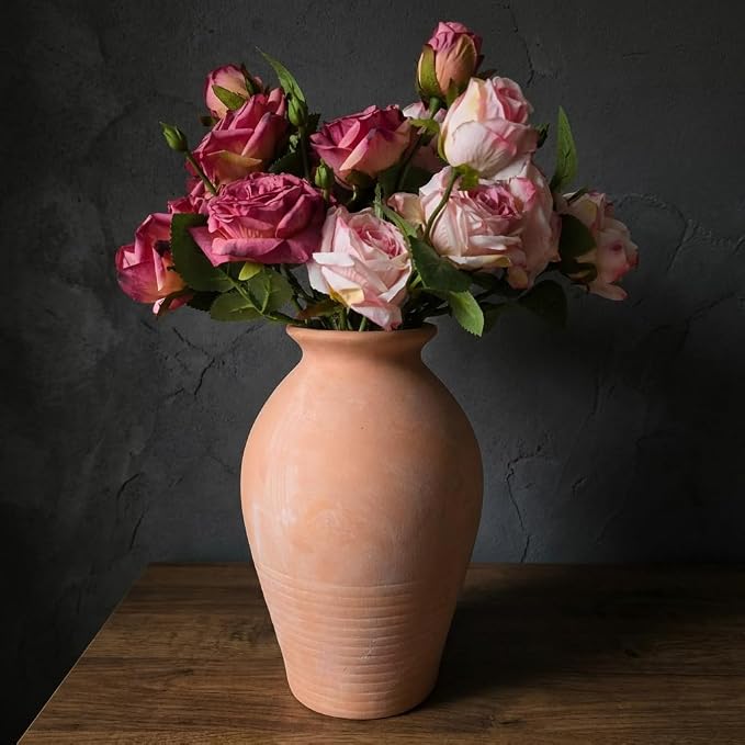 Ceramic Whitewashed Terracotta Farmhouse Vase, 9.2 inch Height, Pottery Decorative Flower Vases,Clay Decorative Vases for Home Decor, Table, Living Room, Shelf, Mantel Decoration (Terracotta White)