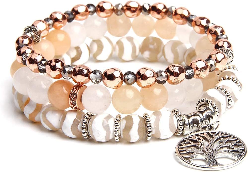 Jardme Healing Crystal Bracelets for Women, 8mm Beaded Natural Stone Stretch Chakra Bracelets Tree of Life Bracelet Jewelry Gifts for Women