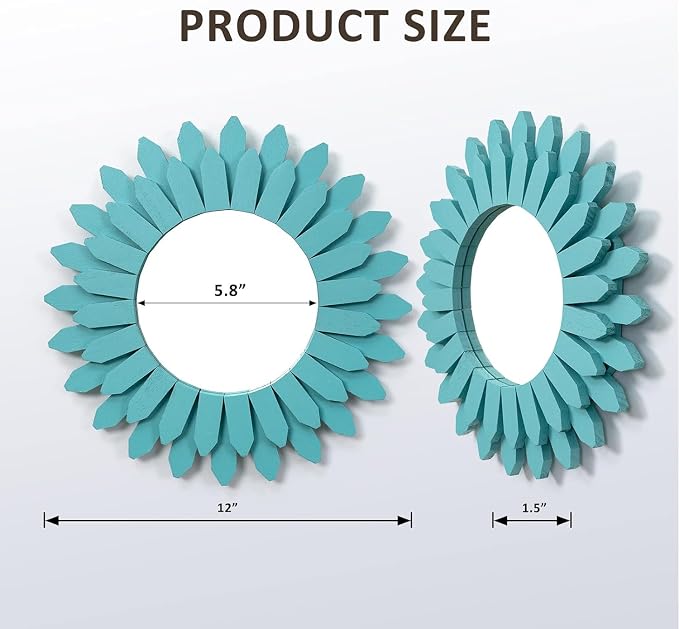 Beach Wall Decor Mirror 2 Pack 12 inch Wood Coastal Wall Decor Sunburst Boho Home Decor Room Decor for Bedroom Living Room Entryway Cyan