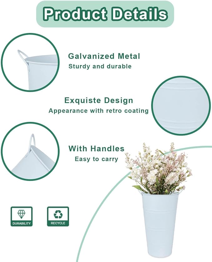 12 Inch Galvanized Metal Vase, 2 Pack Tall Flower Buckets with Handles | Galvanized metal flower buckets with handles, rustic tall vase design for dried flowers, weddings, farmhouse and home decor.