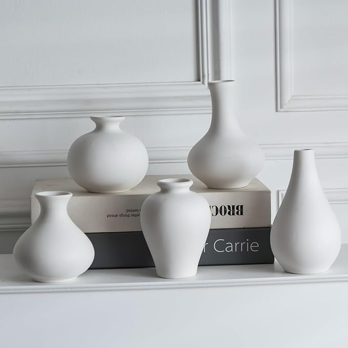 Tanvecle Small White Vases, Ceramic Bud Vase Set of 5, Mini Pottery Vases for Pampas Grass, Flowers, Decorative Vases for Home Modern Decor, Rustic Decor, Veses for Living Room Dining Table Shelves