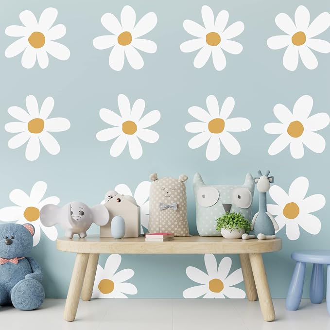 TaoBary 12 Sheet Daisy Wall Sticker Decal,White, Yellow,Vintage Style | Big Flower Wall Sticker, Pink White Floral Decal, Daisy Bedroom Room Decor, Removable Peel and Stick, Nursery Home Wall Decor