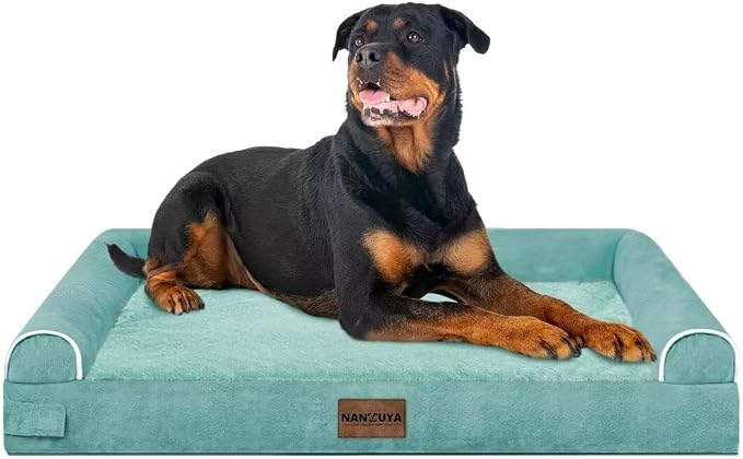 Orthopedic Dog Bed for XX-Large Dogs, 44 x 34 Inch, Aqua Blue | Egg crate foam for joint support, 3-sided bolster pet sofa, waterproof lining, washable cover, and non-skid base
