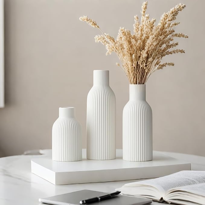 Modern Ceramic Vases Set of 3, White Ribbed Decorative Vases, Shelf Table Centerpiece for Home Decor, Birthday Gifts for Women, Mom, Grandma Decorative (White)