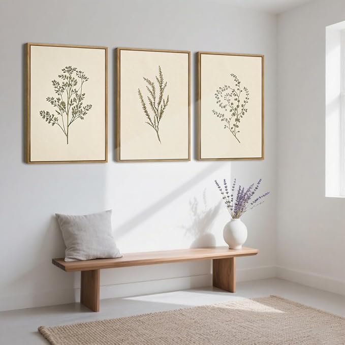 ANHUIB Neutral Beige Floral Canvas Wall Art Large Cream Botanical Wall Decor Vintage Minimalist Modern Paintings 24x36 Inch Set of 3 for Living Room Dining Room Bedroom