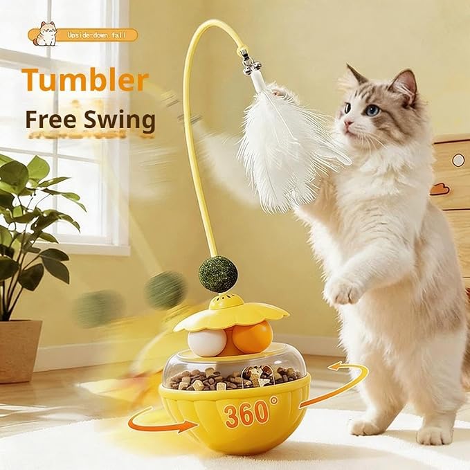 Cat Tumbler Food Dispenser Toy, 3-in-1 Slow Feeder Interactive Cat Puzzle with Dual Track Balls & Feather Wand, Self-Balancing Cat Treat Toy for Indoor Cats, Boredom Buster for Anxiety Relief