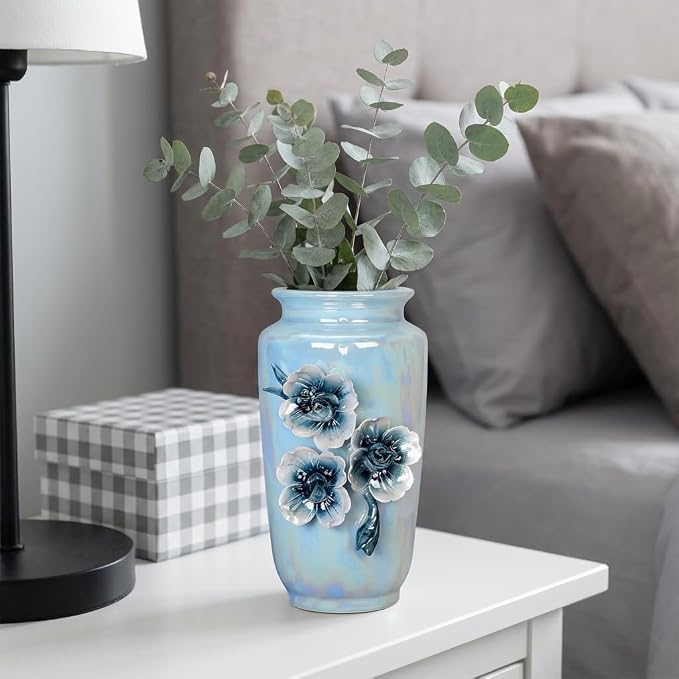 Blue Ceramic Vase 7 Inch - Small Decorative Vase with Floral Pattern, Ideal for Coastal & Modern Home Decor, Bathroom and Shelf Accent