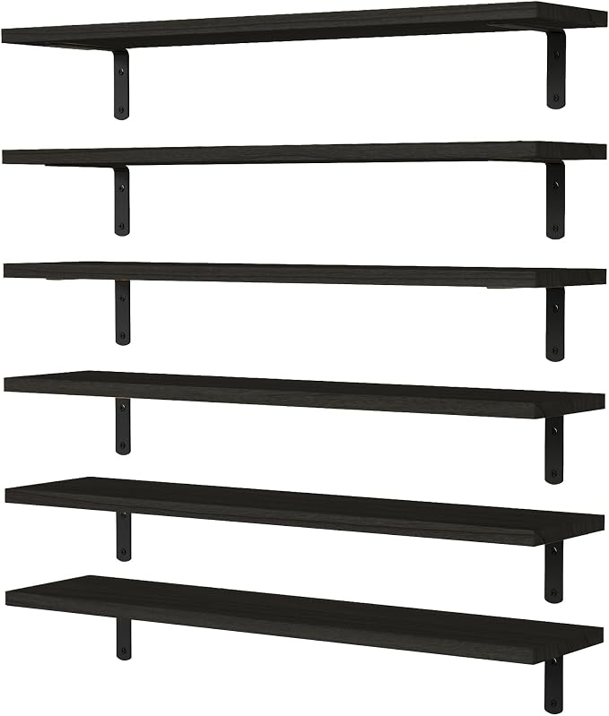 Wood Floating Shelves Set of 6, 24 inch Long Floating Shelves for Wall Decor, Farmhouse Shelf for Bedroom, Bathroom Storage Shelves, Book Shelves for Living Room - Black