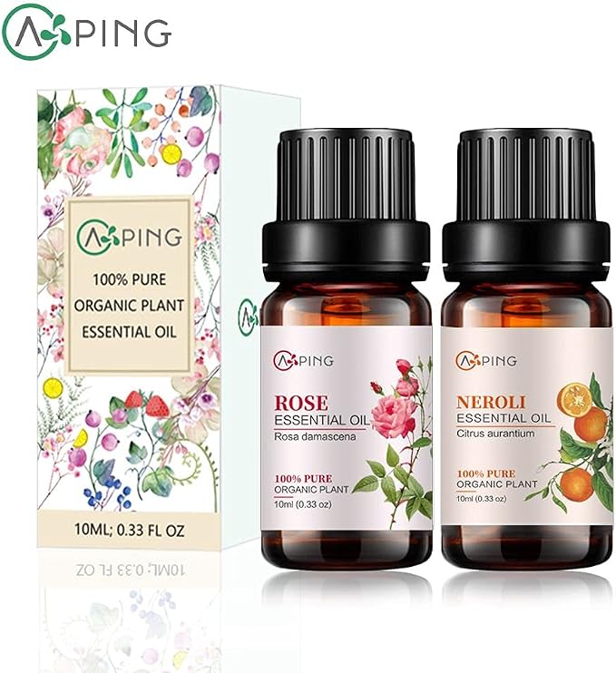Rose & Neroli Essential Oils - 100% Pure Organic Natural Plant Oils for Diffuser, Aroma, Spa, Massage, Yoga, Perfume, 2x10ML