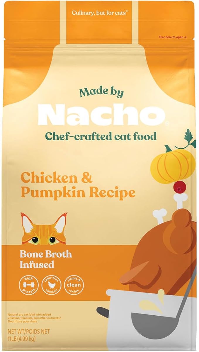 Made by Nacho Dry Cat Kibble 11lb Bag, High Protein and Grain-Friendly Premium Cat Food, Cage-Free Chicken & Pumpkin Recipe, Infused with Bone Broth for Hydration, Limited Ingredients, Single Bag | Protein-forward dry cat food with premium ingredients ...
