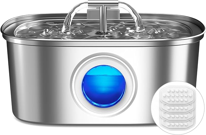 Cat Water Fountain Stainless Steel: 108oz/3.2L Cat Fountain with 4 Filters | Pet Drinking Fountains for Cats Inside - Automatic Cat Feeding & Watering Supplies - Water Level Window