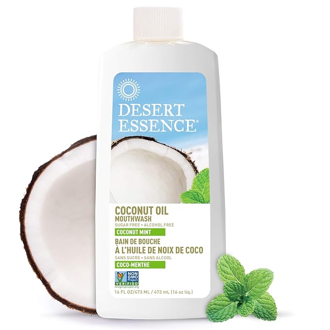 Desert Essence Coconut Oil Mouthwash- Alcohol & Sugar-Free - Coconut Oil & Tea Tree Oil Mouthwash for Adults & Kids 6+ - Promotes Gum Health, Fresh Breath, Soothing