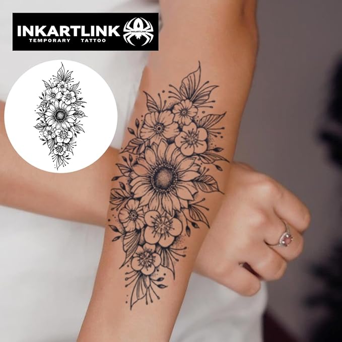 INKARTLINK Semi Permanent Tattoo, Large Flower Tattoo, Female Tattoo, Waterproof, Non-reflective, Cruelty-free (Blooming Chrysanthemum)