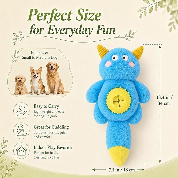 Cute Monster Plush Dog Chew Toy – Squeaky Ball, Crinkle Paper & Treat Dispenser, Washable Interactive Stuffed Toy for All Breeds, Relieves Boredom & Anxiety(Blue