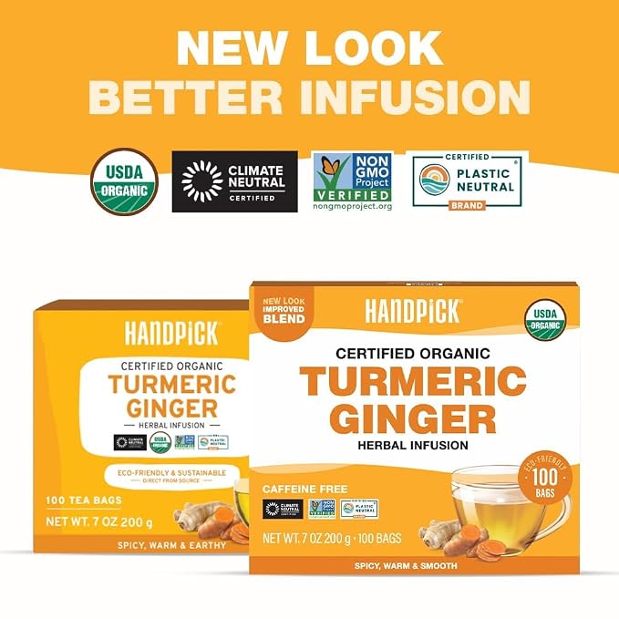 HANDPICK, Organic Turmeric Ginger Tea (100 Tea Bags) | Herbal Tea, Strong Spicy Flavor, Caffeine Free, Daily Wellness Tea, Smooth & Warming Infusion | Non-GMO, Gluten Free | Ecofriendly Tea Bags