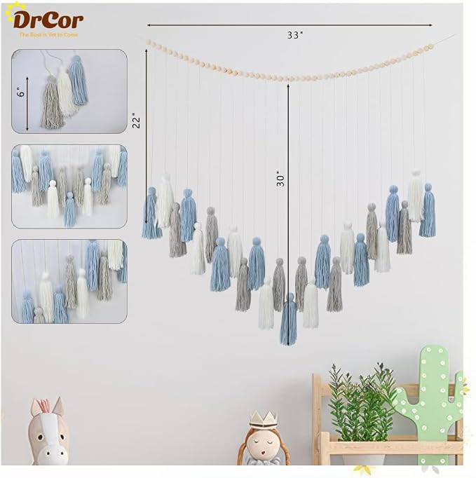 DrCor Dusty Blue Boho Macrame Garland Wall Hanging Decor | Handmade yarn banner for classroom, dorm, reading corner and coastal styling. Pre-assembled, lightweight, reusable.