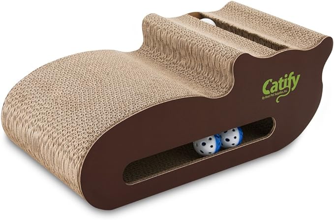 Best Pet Supplies Catify Corrugated Cardboard Cat Scratcher - Cat Shape | Corrugated Cardboard, Interactive Ball Toy, Indoor Furniture Protector, For Kittens and Cats, Promotes Healthy Active Play