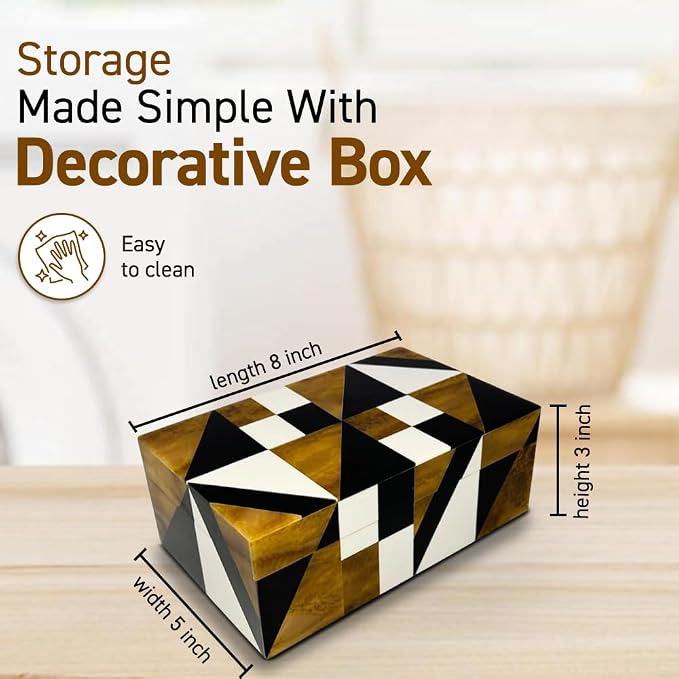 Perilla Home Home Decor Decorative Storage Wooden Box Small Geometric Organizer Tool Stash Card Craft Trinket Memory Keepsake Jewelry Box for Men and Women, Gifts For All, Brown, Black and Off White
