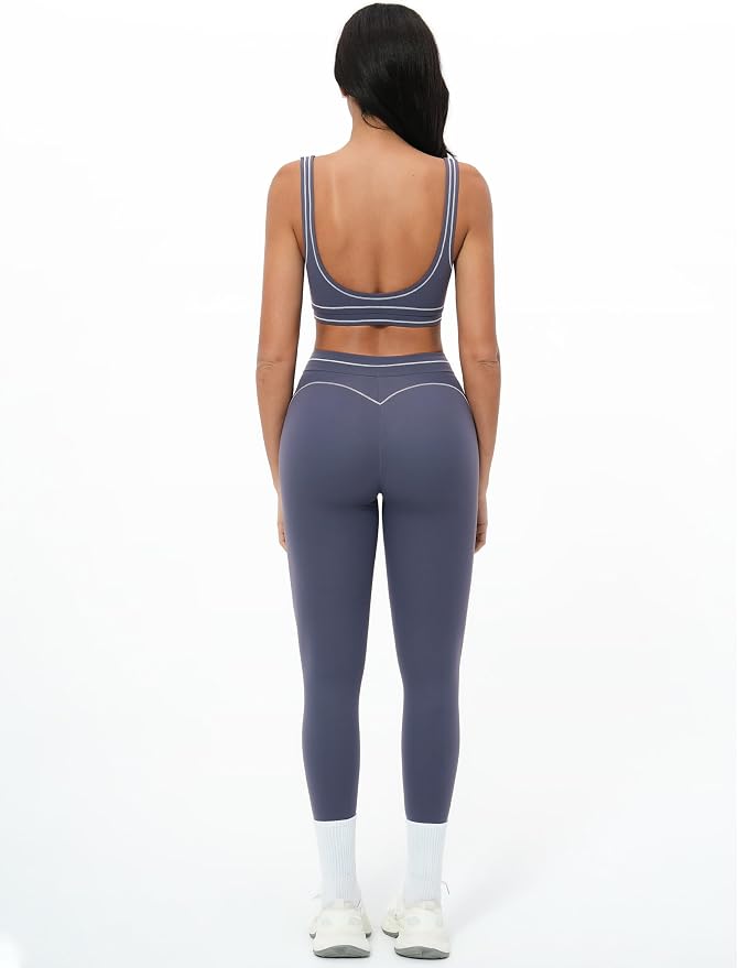 Women 2 Piece Workout U Back Color Block Sports Bra High Waist Tummy Control Active Leggings Yoga Pilates Outfits